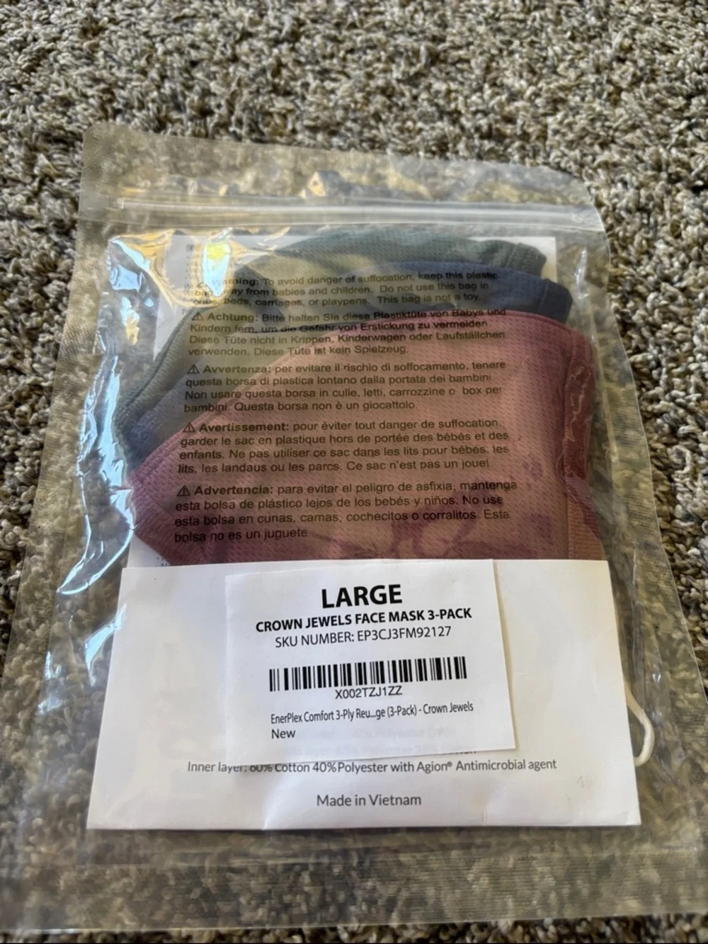 Crown Jewels 3-Pack Face Masks - Large - Multi Color